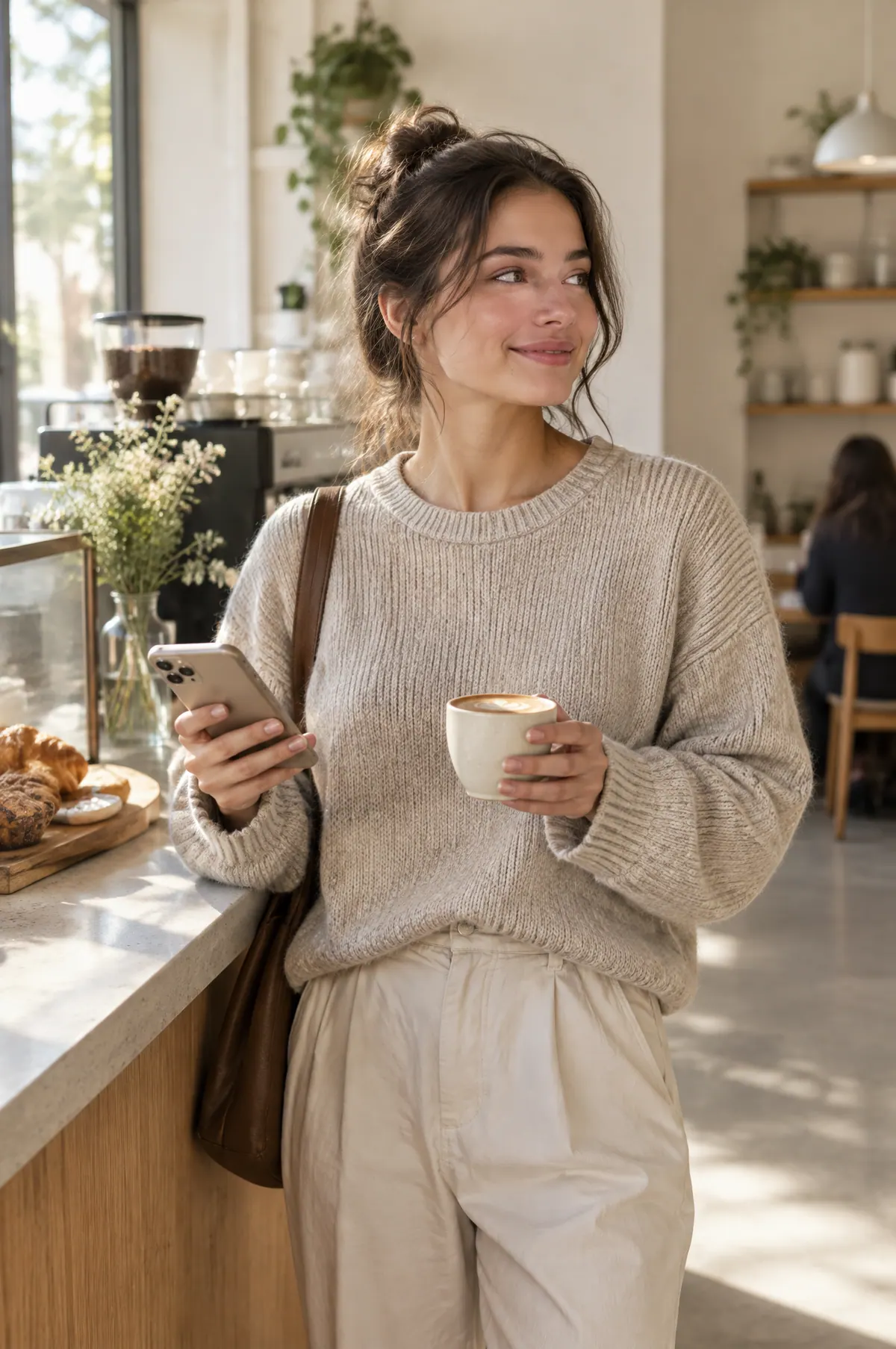 Frau mit Flat White an der Theke eines hellen Cafés