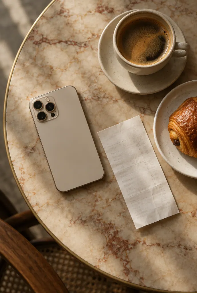 Marmortisch mit Kaffee, Beleg und Croissant